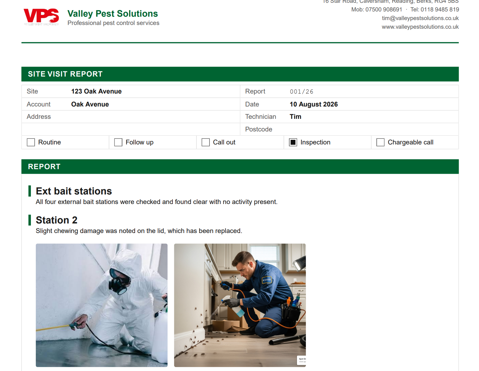 Finished Valley Pest Solutions branded site visit report PDF