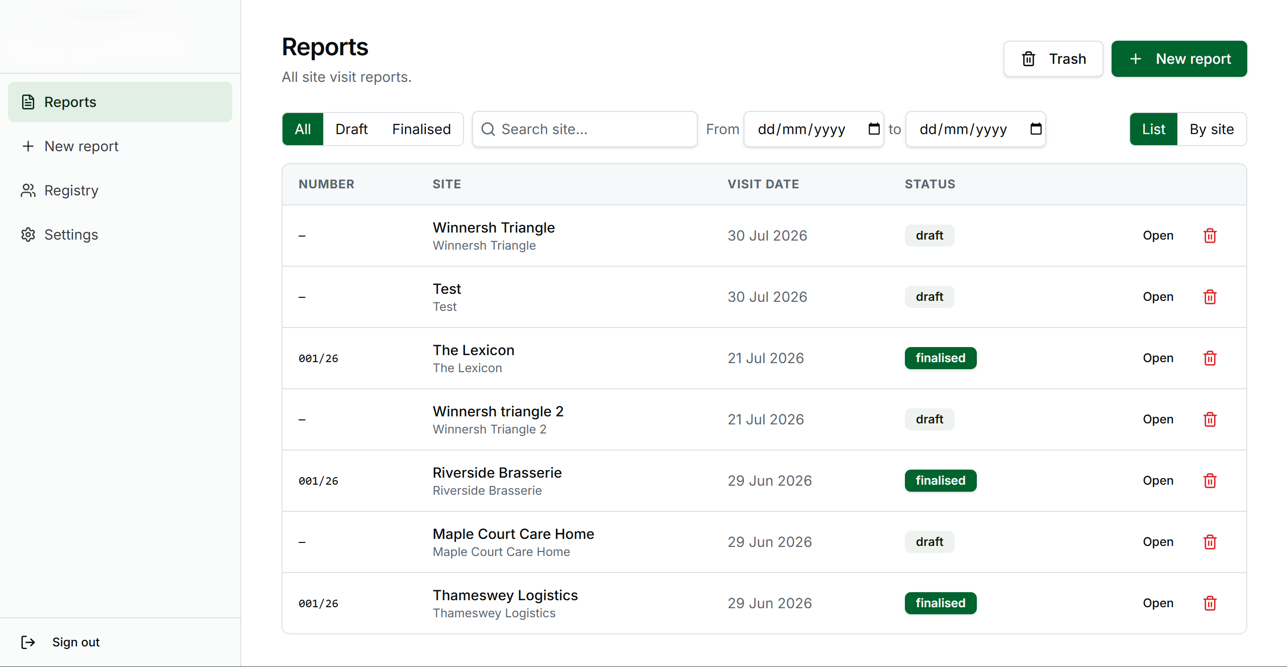 Field Report Engine reports dashboard showing draft and finalised site visit reports